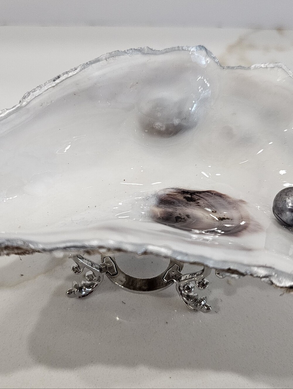 Handmade Resined Large Oyster Shell Ring Dish Trinket Jewelry Holder w/Silver
